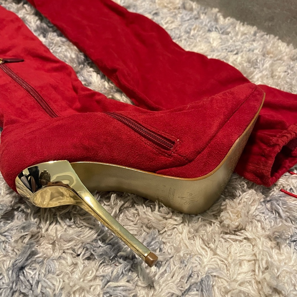 Red Suede Stiletto Boots with Gold Heel